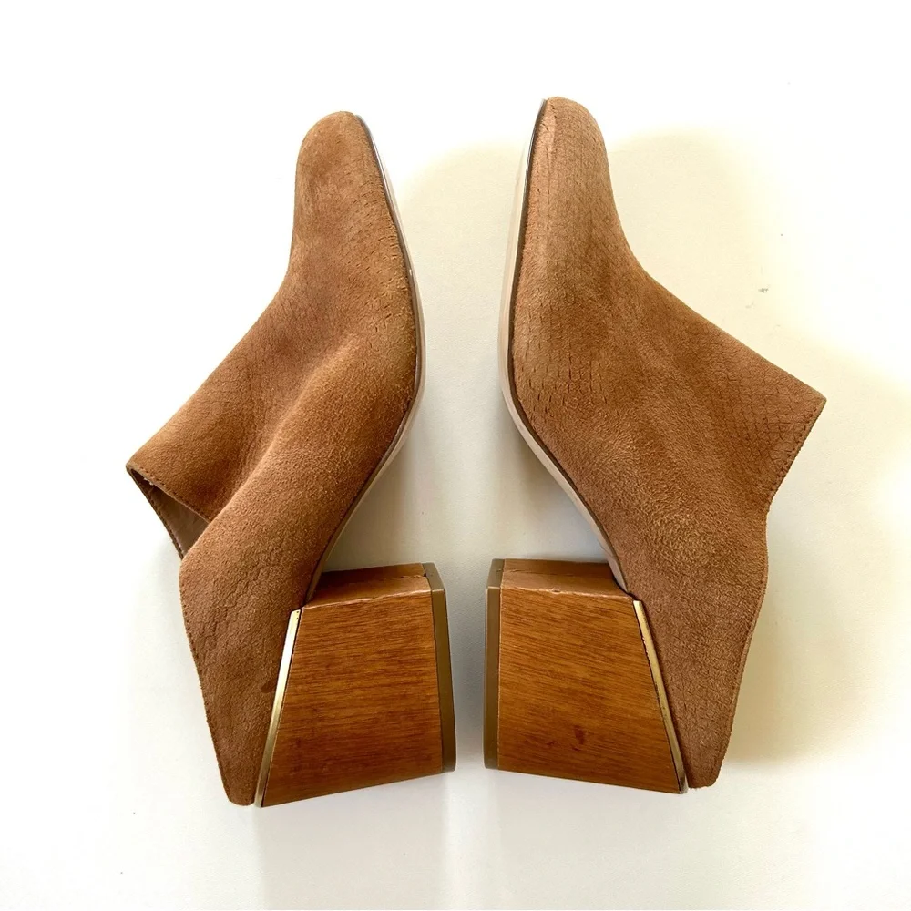 Calvin Klein Cognac Brown Leather Suede Snakeskin Embossed Heeled Judia Mules - Picture 6 of 11